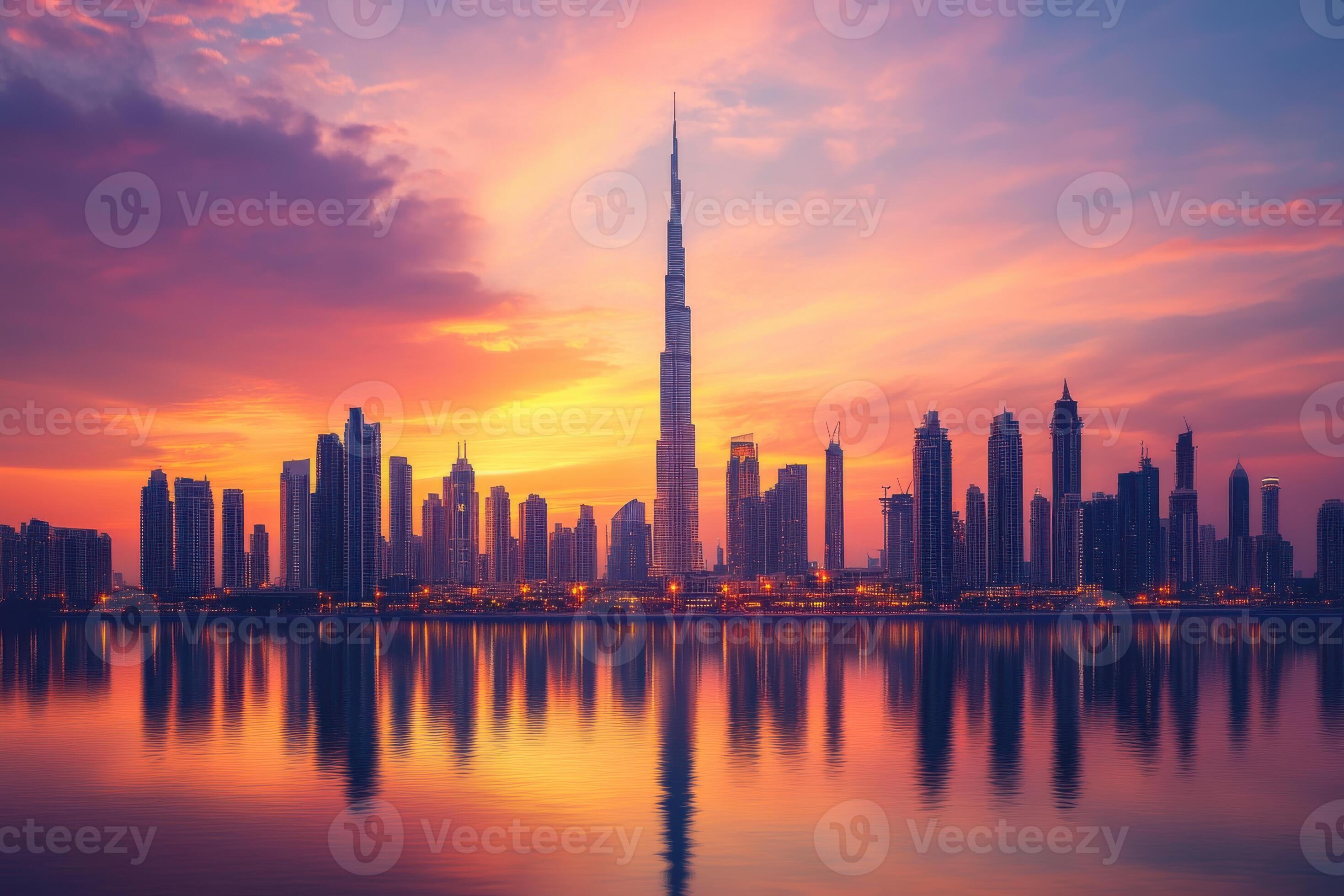 Sunset reflection over Dubai skyline featuring Burj Khalifa and ...